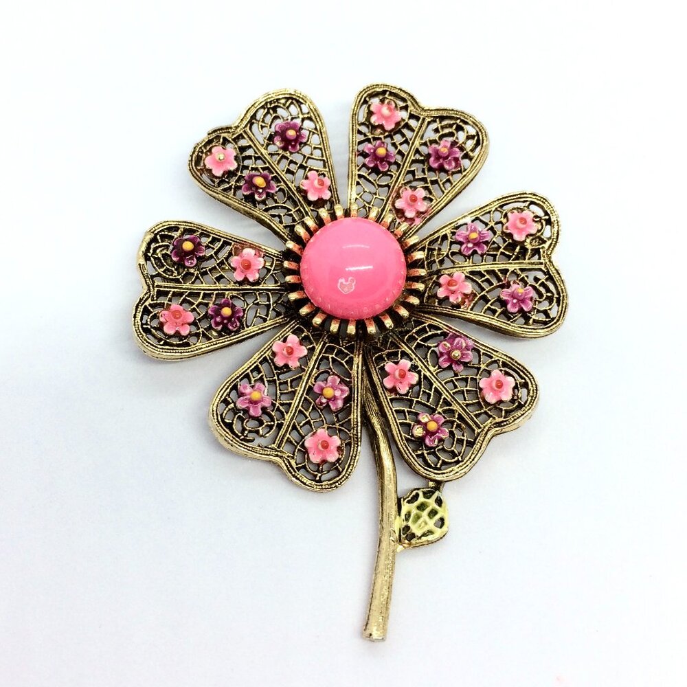 VINTAGE ART Arthur Pepper Floral Brooch Spring Easter Gold Tone Enamel Groovy